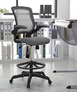 Flash Furniture Mid-Back Dark Gray Mesh Ergonomic Drafting Chair with Adjustable Foot Ring and Flip-Up Arms